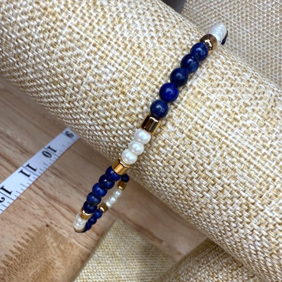 J.Crew Pearl & Lapis Blue Stone Anklet With Gold Accents Adjustable Length - Picture 1 of 11